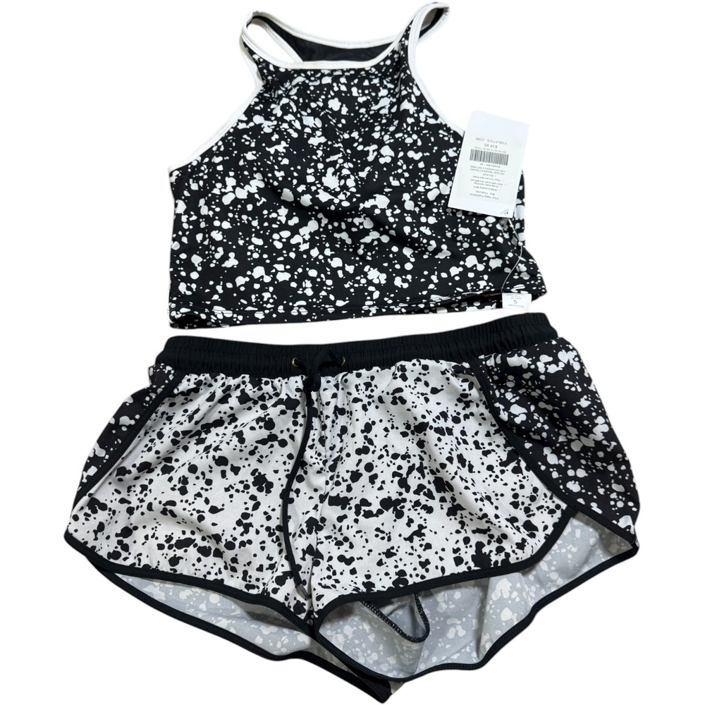 Fabletics Black White Splatter Print Athletic Tank Top Bra & Shorts Women's‎ S